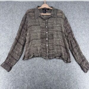 VTG Rampage Silk Blouse XL Brown Striped Long Sleeve Lettuce Hem Button Down Top